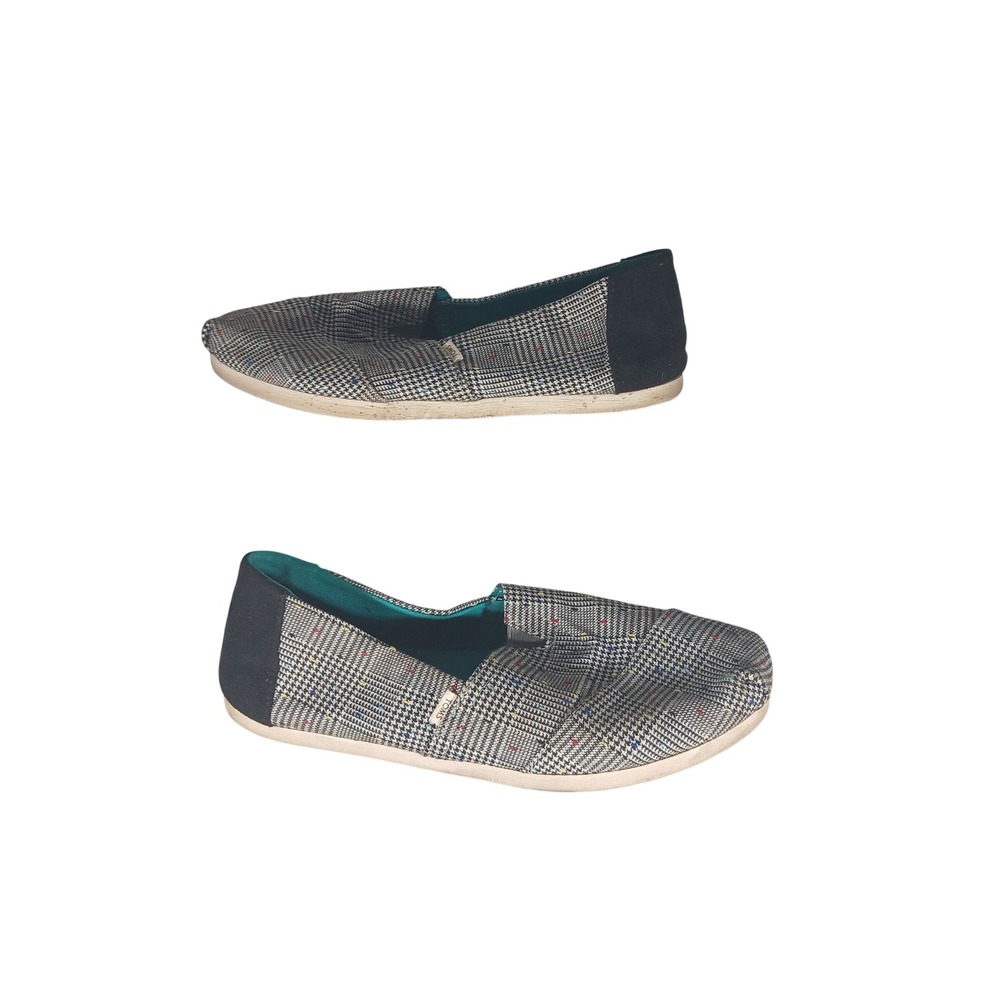 TOMS Alpargata Slip On Shoes 8 Grey Black Plaid Dark Academia Preppy Flat